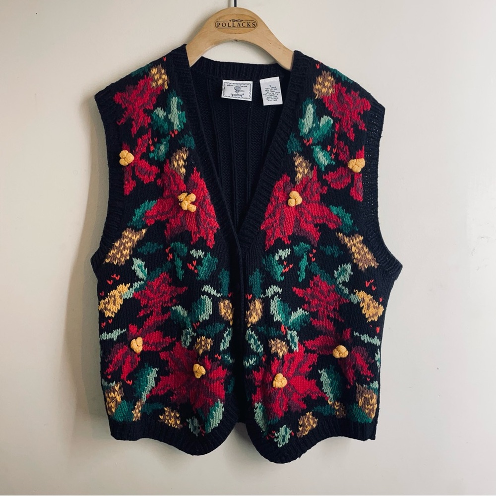 Vintage Lecomte Handknit Holiday Sweater Vest Small Black Red Green Poinsetta
